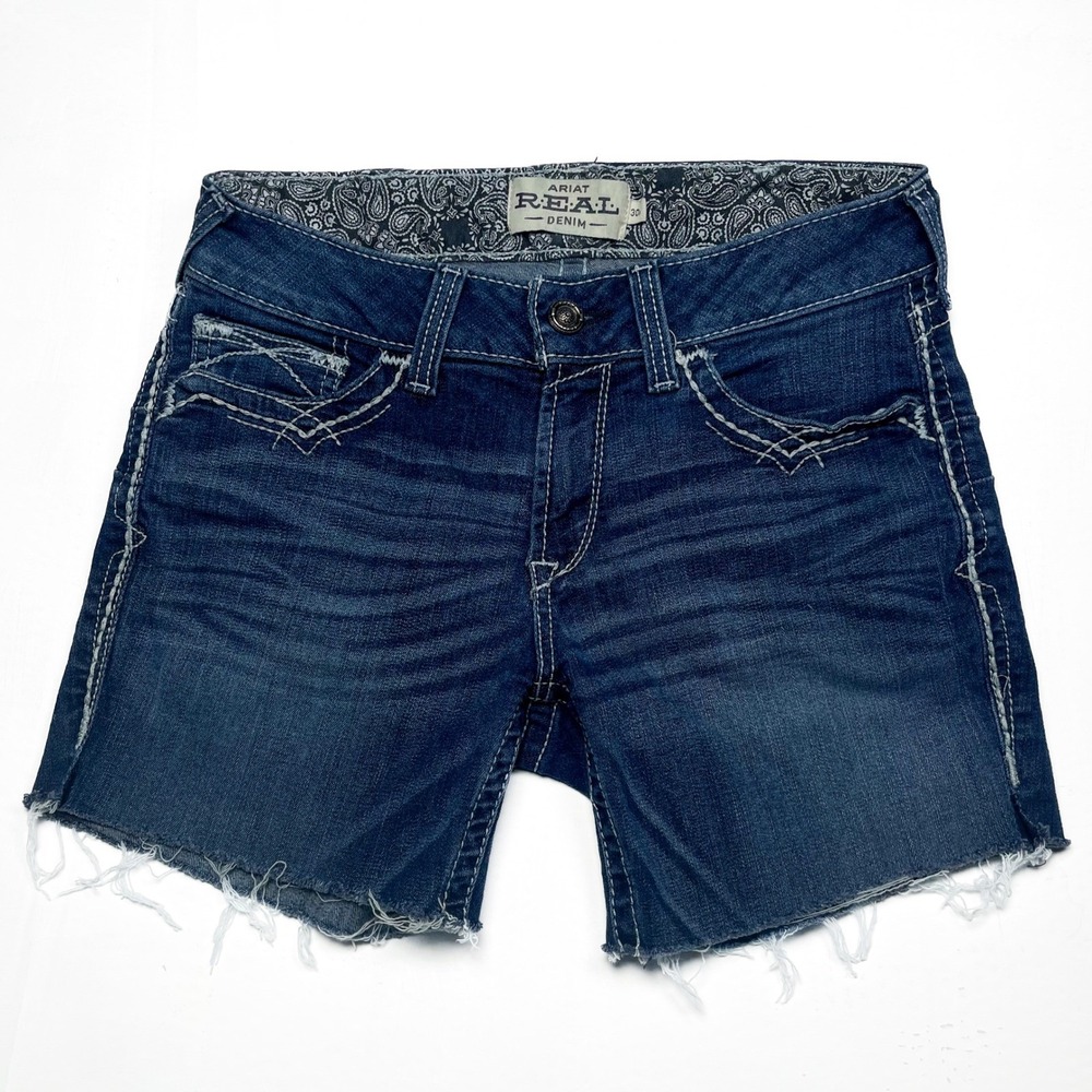 Ariat REAL Denim Women's Cut Off Dark Shorts Embroidered Mid Rise Sz 30 Fray Hem
